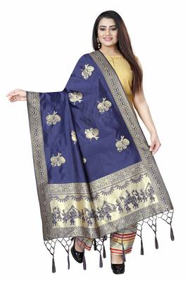 Navy Blue Woven Banarasi Silk Dupatta For Women 1