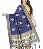 Navy Blue Woven Banarasi Silk Dupatta For Women
