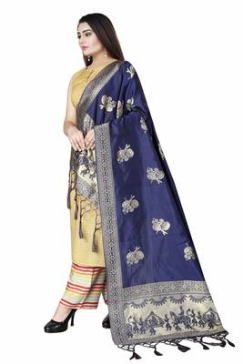 Navy Blue Woven Banarasi Silk Dupatta For Women 2