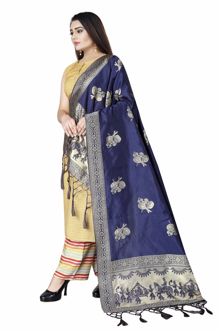 Navy Blue Woven Banarasi Silk Dupatta For Women