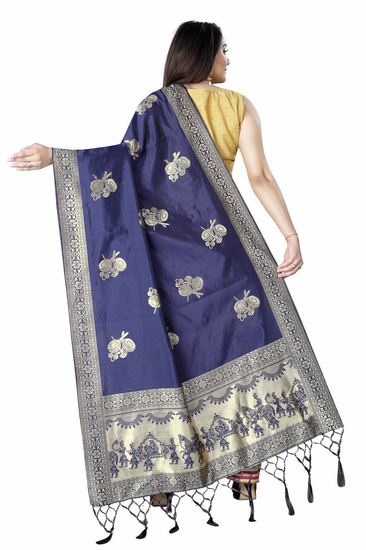 Navy Blue Woven Banarasi Silk Dupatta For Women