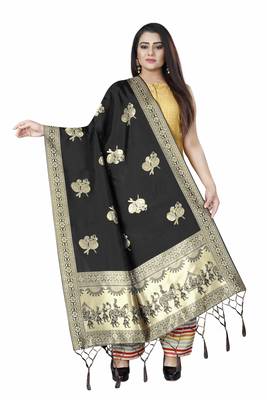 Black Woven Banarasi Silk Dupatta For Women 1