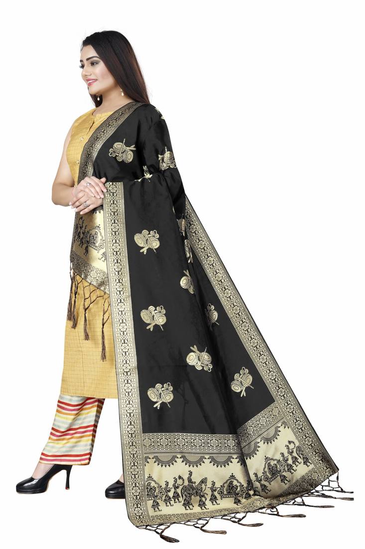 Black Woven Banarasi Silk Dupatta For Women