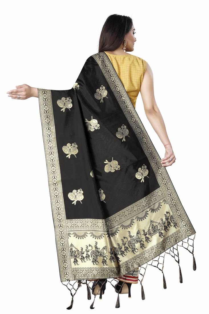 Black Woven Banarasi Silk Dupatta For Women