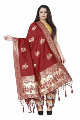 Red Woven Banarasi Silk Dupatta For Women 1