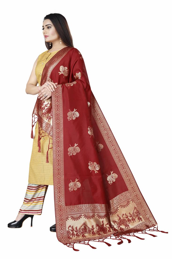 Red Woven Banarasi Silk Dupatta For Women