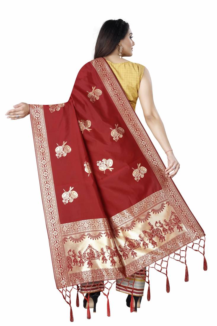 Red Woven Banarasi Silk Dupatta For Women