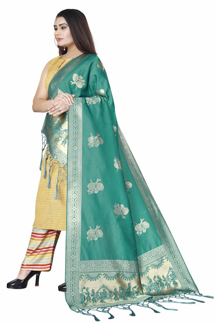 Turquoise Woven Banarasi Silk Dupatta For Women