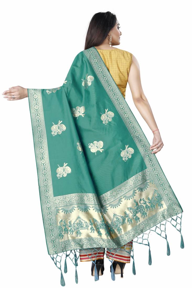 Turquoise Woven Banarasi Silk Dupatta For Women