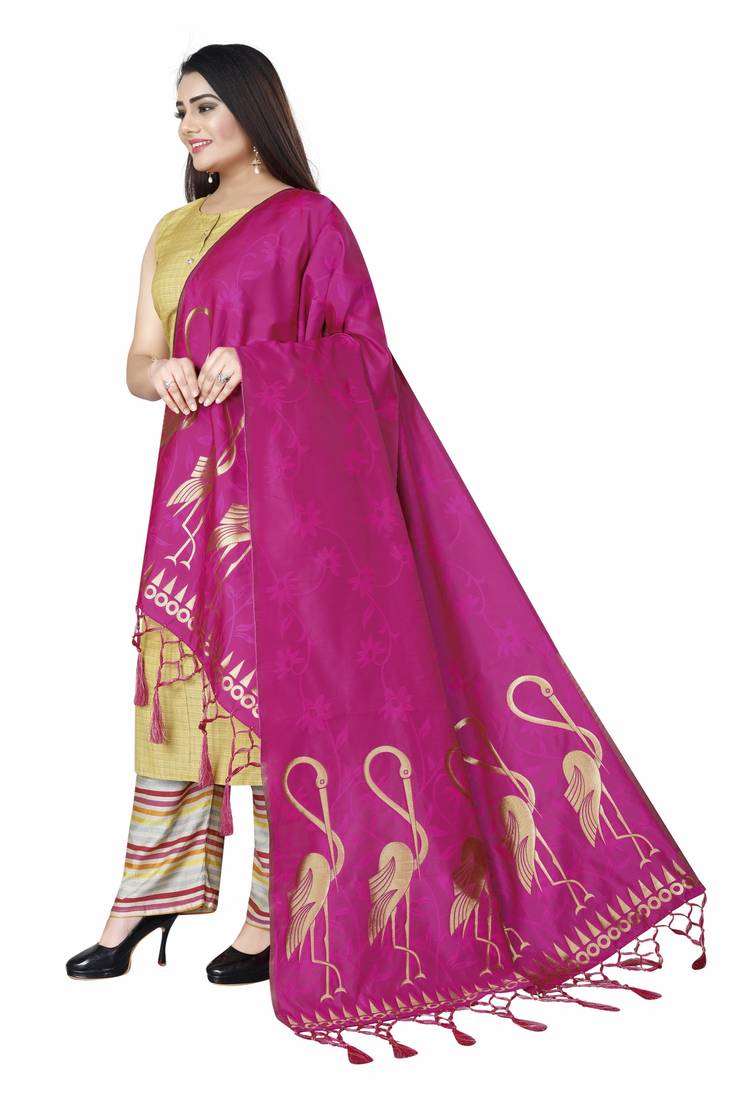 Pink Woven Banarasi Silk Dupatta For Women