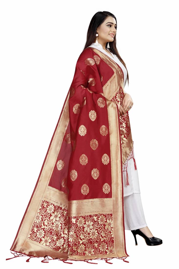 Classy Red Woven Banarasi Silk Dupatta For Women