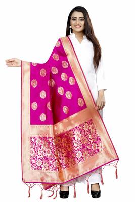 Jazzy Pink Woven Banarasi Silk Dupatta For Women 1