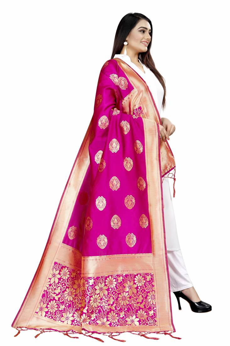 Jazzy Pink Woven Banarasi Silk Dupatta For Women