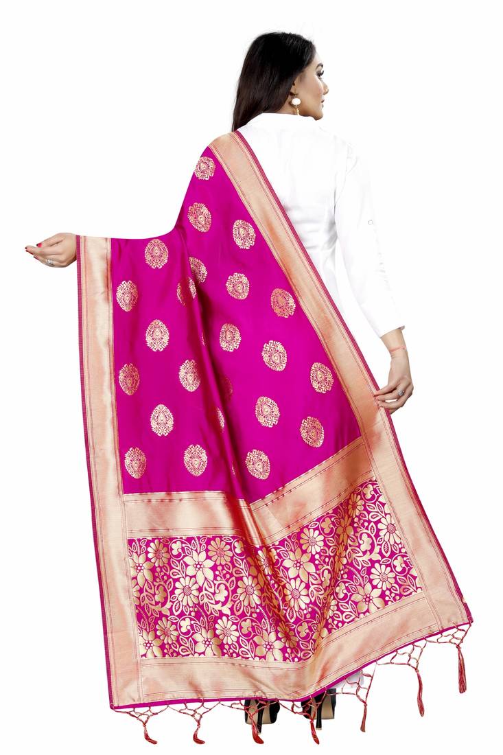 Jazzy Pink Woven Banarasi Silk Dupatta For Women