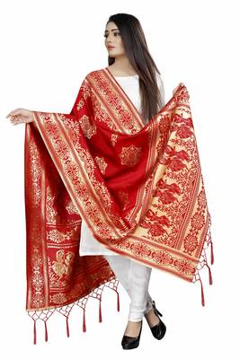 Groovy Red Woven Banarasi Silk Dupatta For Women 2