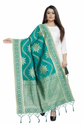 Blooming Turquoise Woven Banarasi Silk Dupatta For Women 1