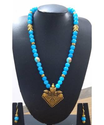 Georgeous  Gold Plated Sky Blue Colour Stones Necklace Set 1