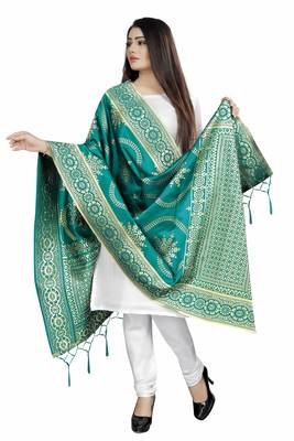 Blooming Turquoise Woven Banarasi Silk Dupatta For Women 2