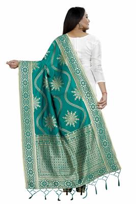 Blooming Turquoise Woven Banarasi Silk Dupatta For Women 3