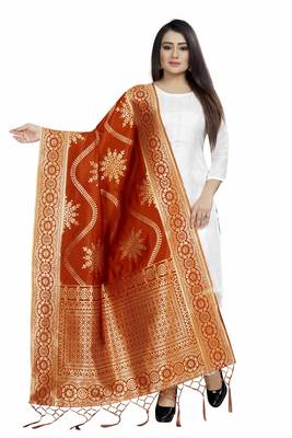 Orange Woven Banarasi Silk Dupatta For Women 1