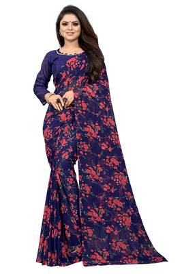 Blue printed georgette saree with blouse 1