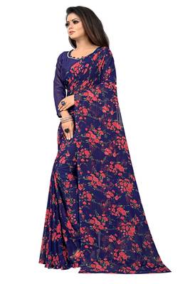 Blue printed georgette saree with blouse 3