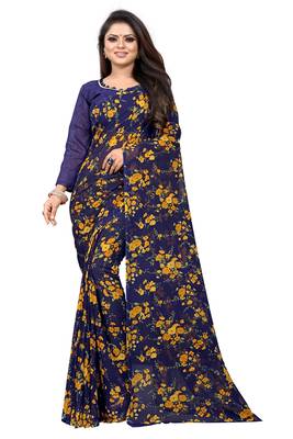 Dark blue printed georgette saree with blouse 1
