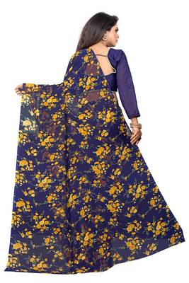 Dark blue printed georgette saree with blouse 2
