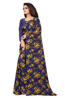 Dark blue printed georgette saree with blouse 3
