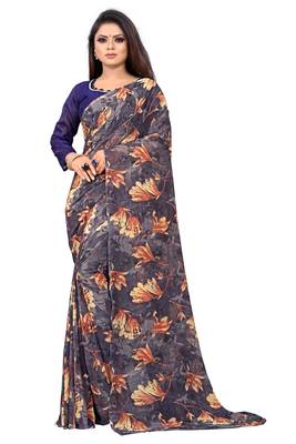 Grey printed georgette saree with blouse 1