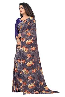 Grey printed georgette saree with blouse 3