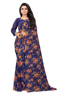 Orange printed georgette saree with blouse 1