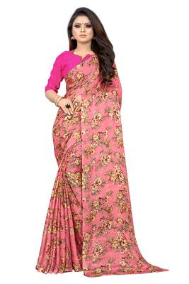 Pink printed georgette saree with blouse 1