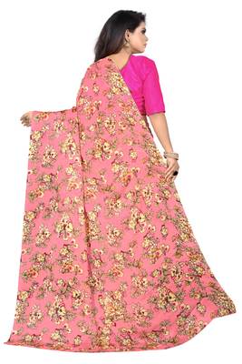 Pink printed georgette saree with blouse 2