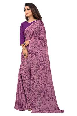Purple printed georgette saree with blouse 3