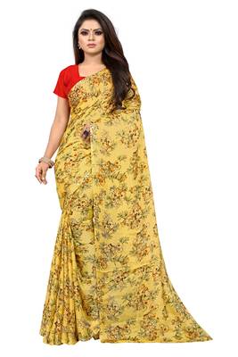 Yellow printed georgette saree with blouse 1