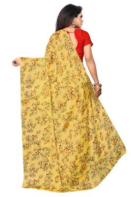 Yellow printed georgette saree with blouse 2