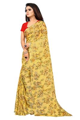 Yellow printed georgette saree with blouse 3