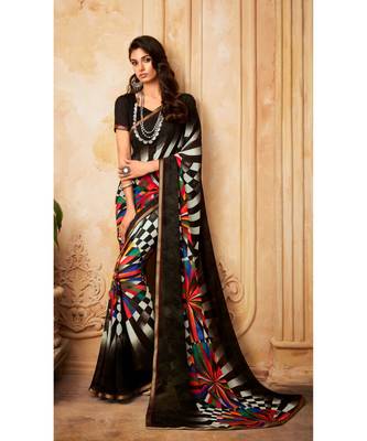 Black Georgette Printed and Fancy Lace Border Designer Saree 1
