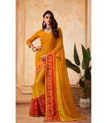 Yellow Georgette Printed and Fancy Lace Border Designer Saree