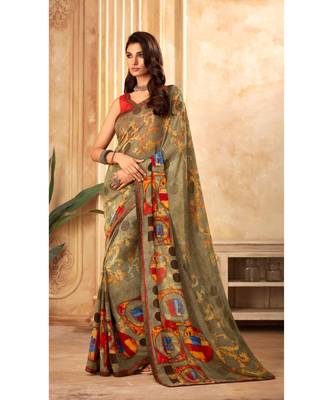 Olive Georgette Printed and Fancy Lace Border Designer Saree 1