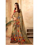 Olive Georgette Printed and Fancy Lace Border Designer Saree