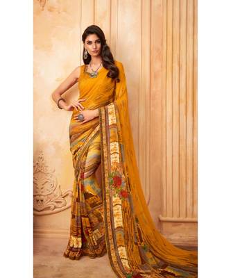 Yellow Georgette Printed and Fancy Lace Border Designer Saree 1