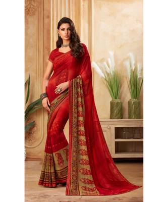 Red Georgette Printed and Fancy Lace Border Designer Saree 1