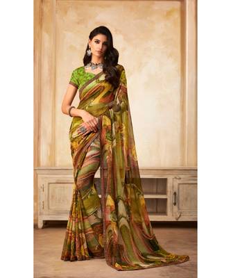 Green Georgette Printed and Fancy Lace Border Designer Saree 1