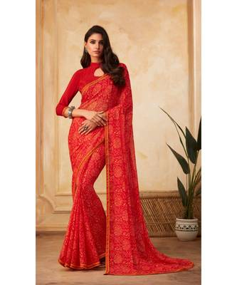 Red Georgette Printed and Fancy Lace Border Designer Saree 1