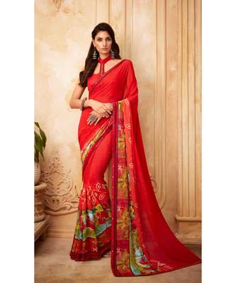 Red Georgette Printed and Fancy Lace Border Designer Saree 1