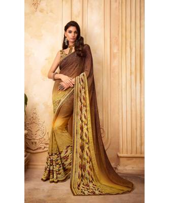 Yellow and Brown Georgette Printed and Fancy Lace Border Designer Saree 1