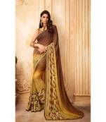 Yellow and Brown Georgette Printed and Fancy Lace Border Designer Saree