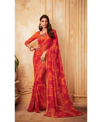 Red Georgette Printed and Fancy Lace Border Designer Saree 1